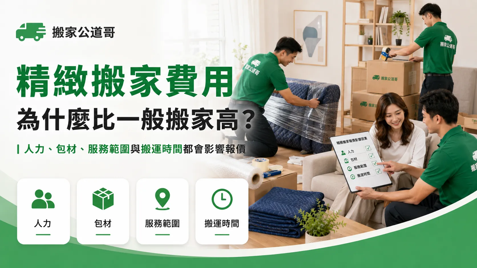 精緻搬家費用怎麼算？不只看車資！免動手搬家、到府打包與搬後整理收費解析-1